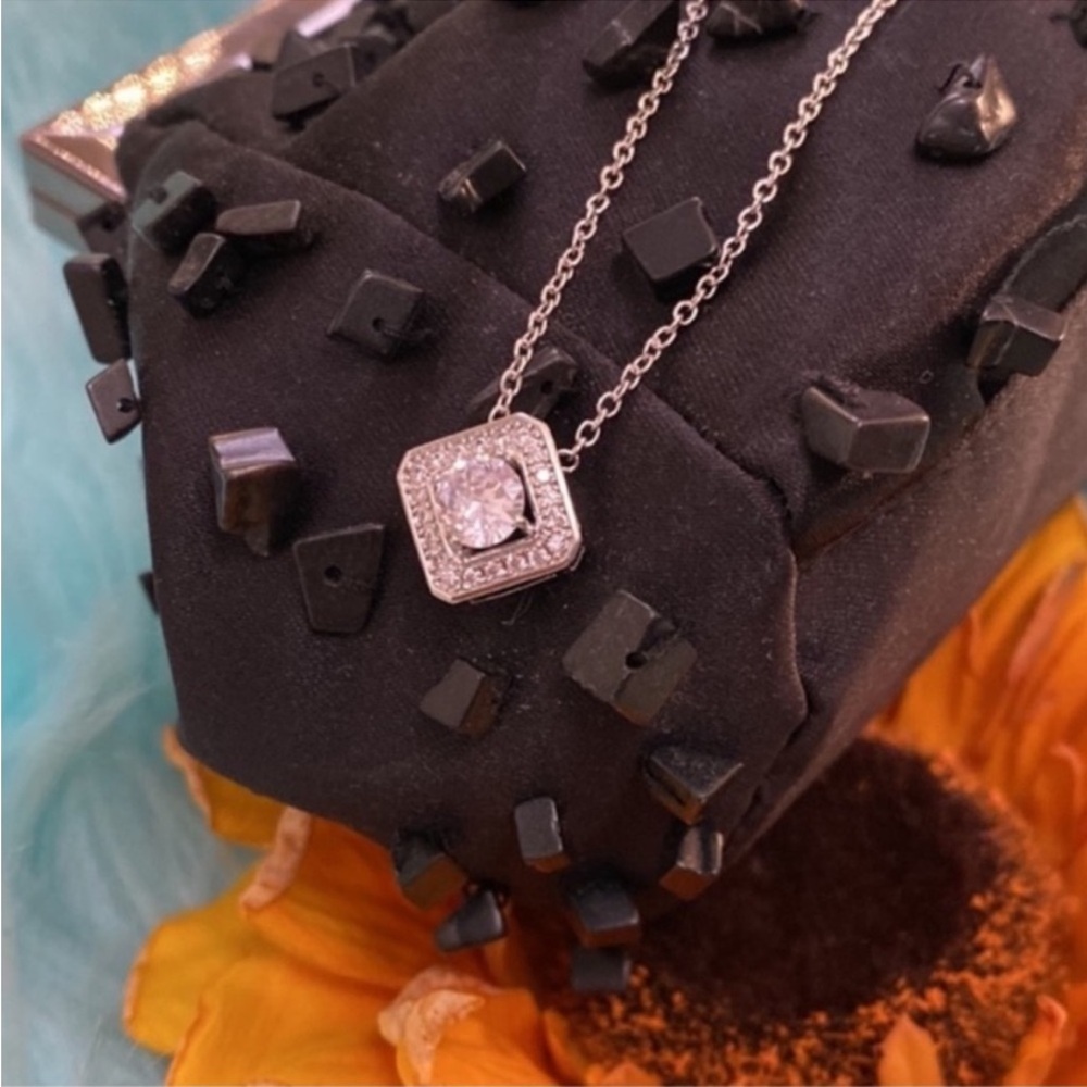 Diamond Solitaire Simulate & Micro Pave Encased Necklace Silver Chain NEW - Picture 2 of 7